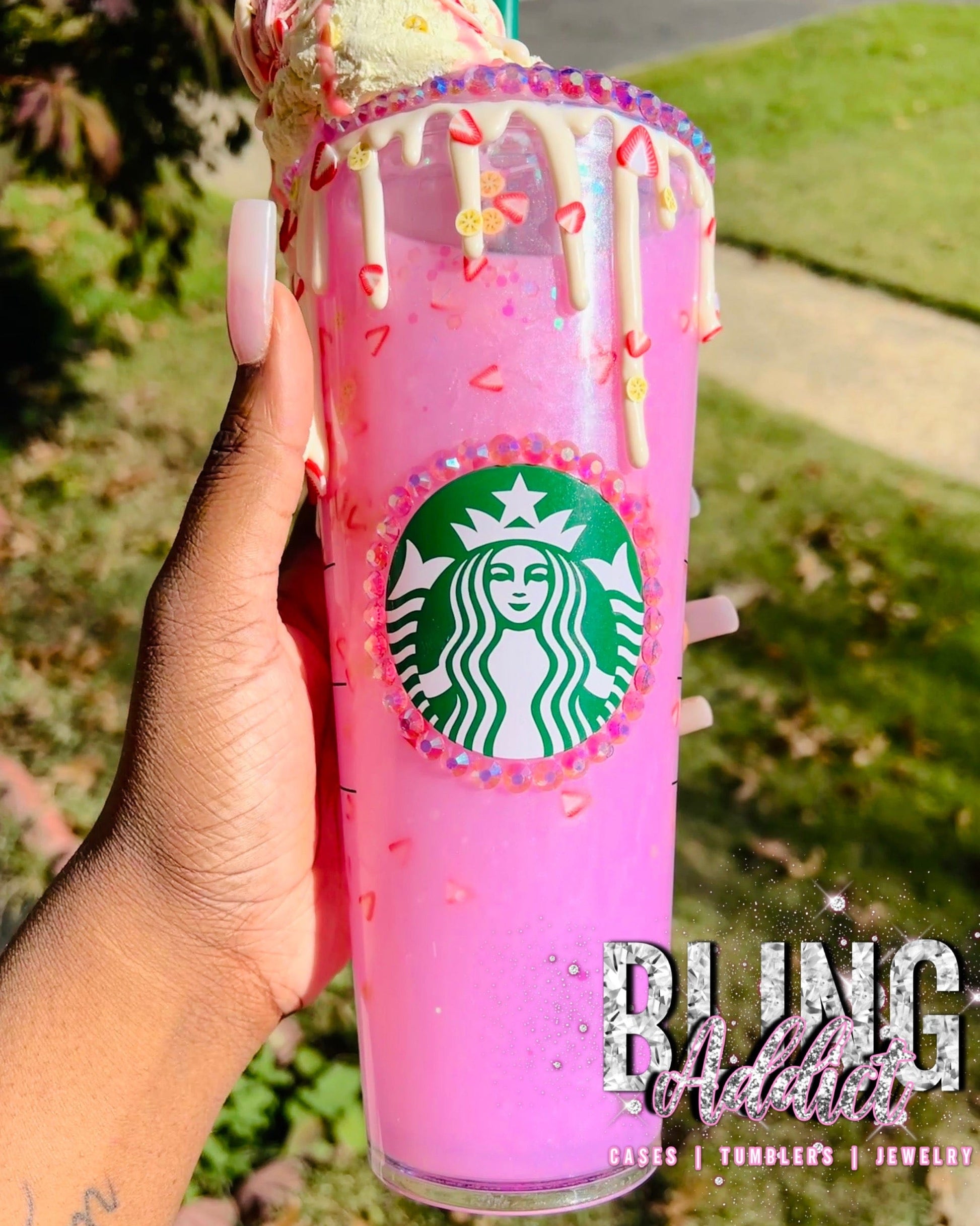 Strawberry Banana Milkshake Deco Glitter Globe 24oz Starbucks Tumbler Tumblers by BlingxAddict | BlingxAddict
