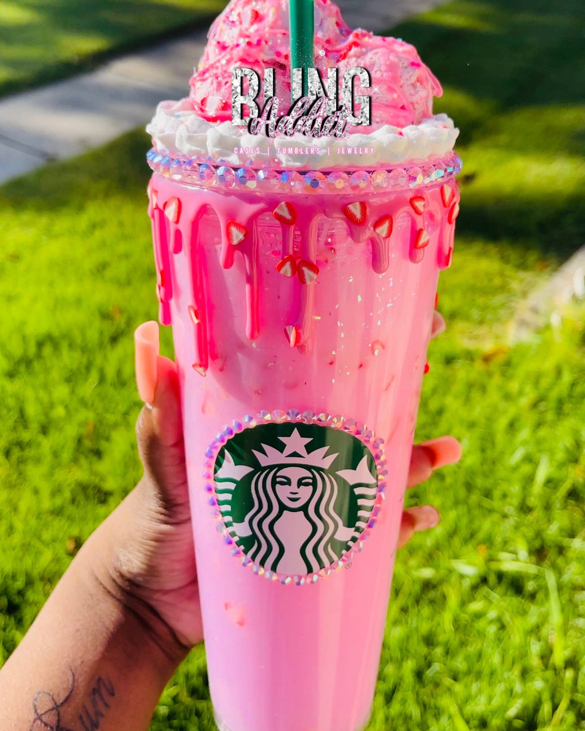 ‘Strawberry Milkshake’ Deco Glitter Globe 24oz Starbucks Tumbler Tumblers by BlingxAddict | BlingxAddict