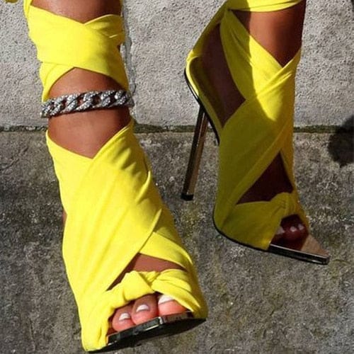 'Up & Out' Gladiator Pointed Toe Heels Yellow 5 Shoes by Bling Addict | BlingxAddict