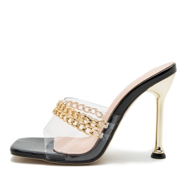 'Vacay' PVC Transparent Square Toe Stiletto Sandals Black 7 Shoes by BlingxAddict | BlingxAddict