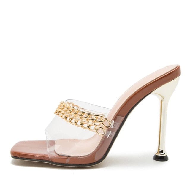 'Vacay' PVC Transparent Square Toe Stiletto Sandals Brown 7 Shoes by BlingxAddict | BlingxAddict