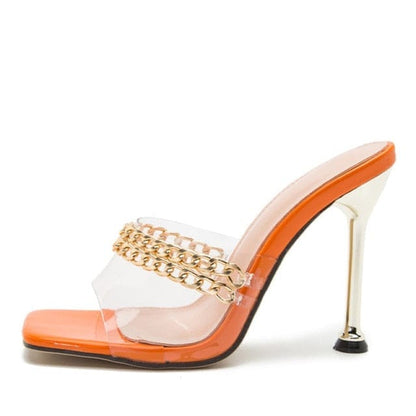 'Vacay' PVC Transparent Square Toe Stiletto Sandals Orange 11 Shoes by BlingxAddict | BlingxAddict