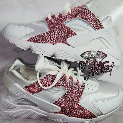 White Nike Huarache Swarovski Crystalized Sneakers 5 Pink Shoes by BlingxAddict | BlingxAddict