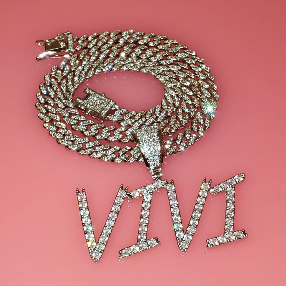'You See Me' Cuban Link Custom Graffiti Name Necklace 2 LETTERS SILVER 18INCH jewelry by Bling Addict | BlingxAddict